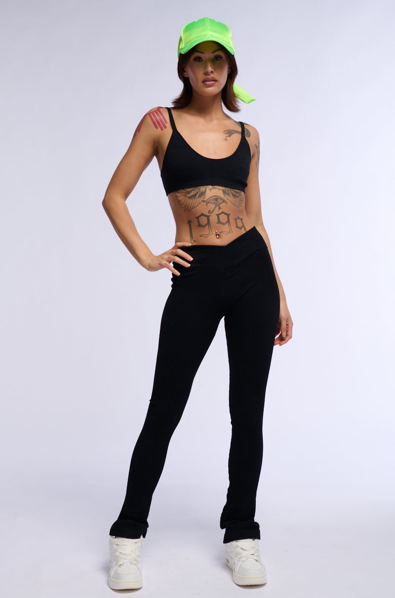 PAXTON RIBBED CROSS FRONT FLARED LEGGING IN BLACK