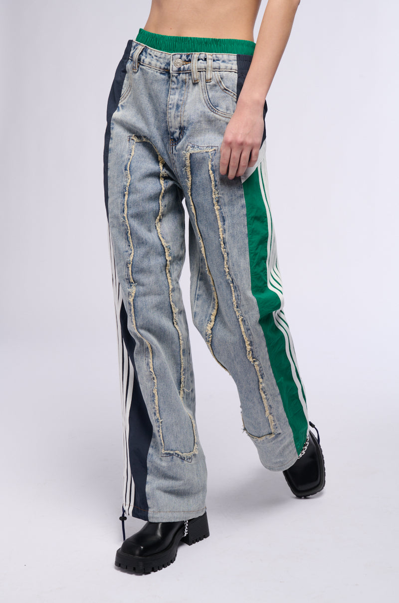 ALL AROUND THE WORLD PATCHWORK DENIM JOGGER PANT IN GREEN MULTI