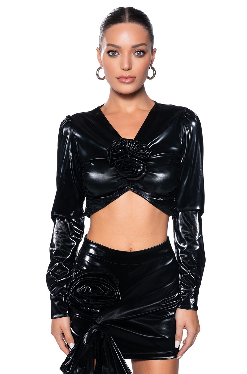 TATIANA LIQUID VELVET ROSETTE CROP TOP