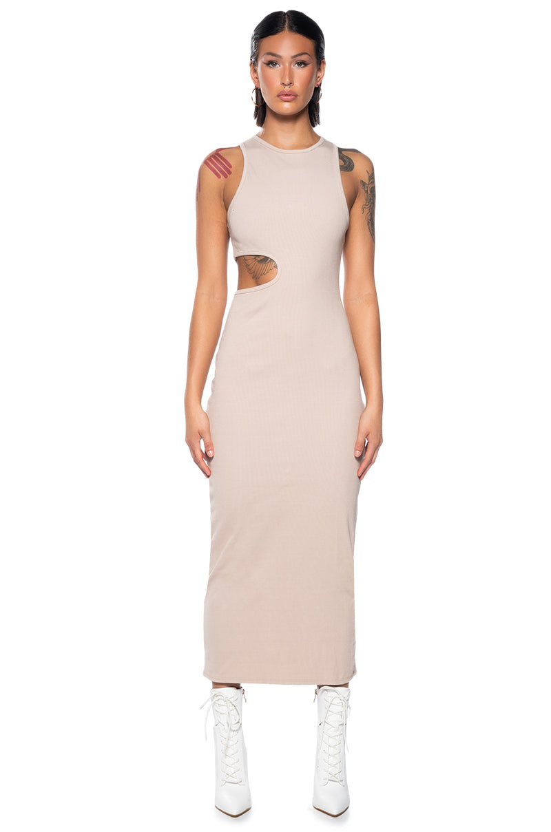 EFFORTLESS WIN SIDE CUTOUT MIDI DRESS