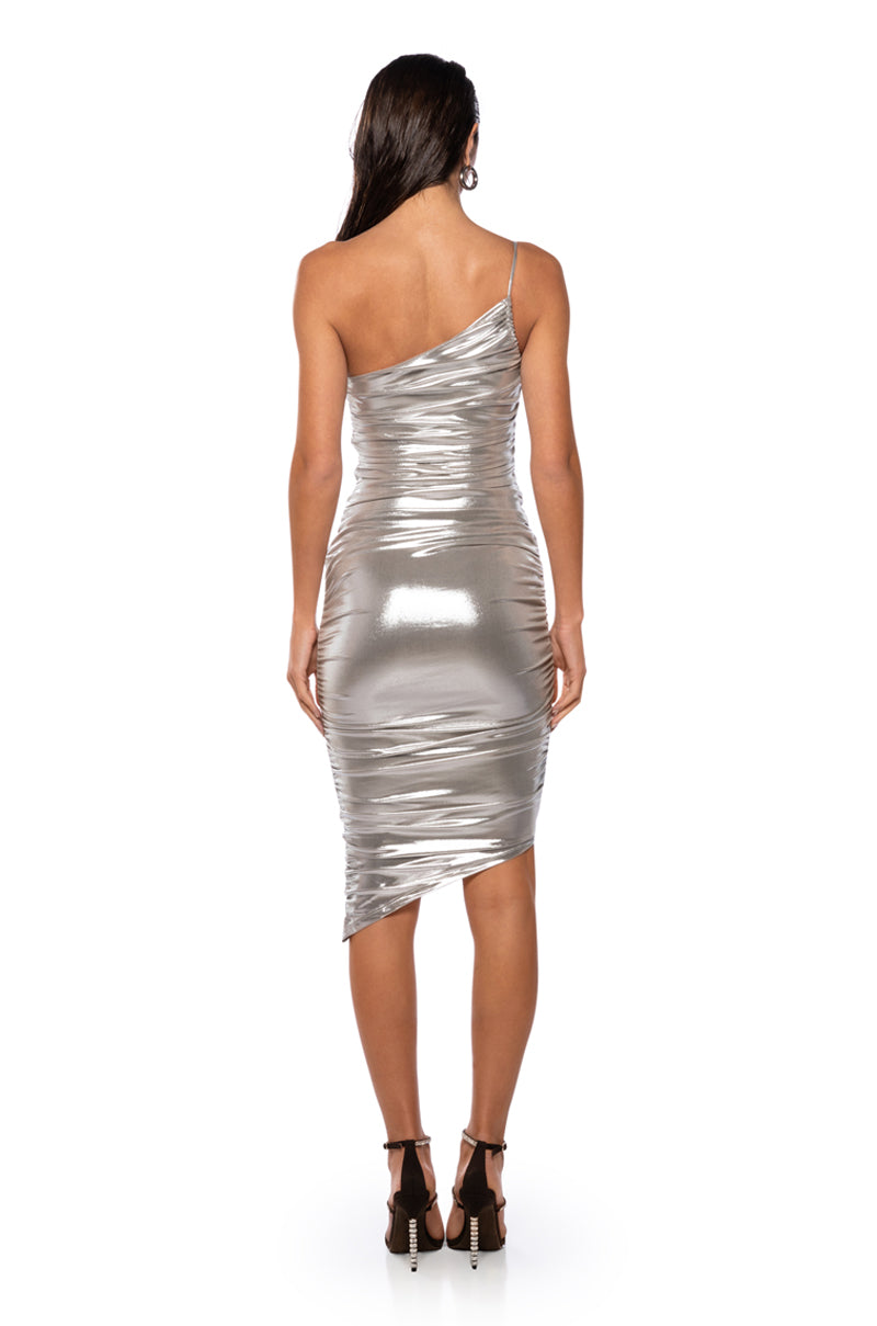 VALERIE RUCHED METALLIC MIDI DRESS