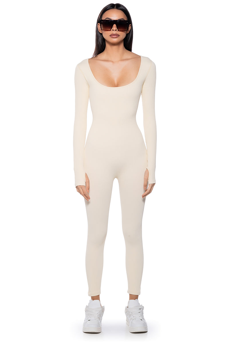 HOT GIRL WALK LONG SLEEVE CATSUIT IN CREAM