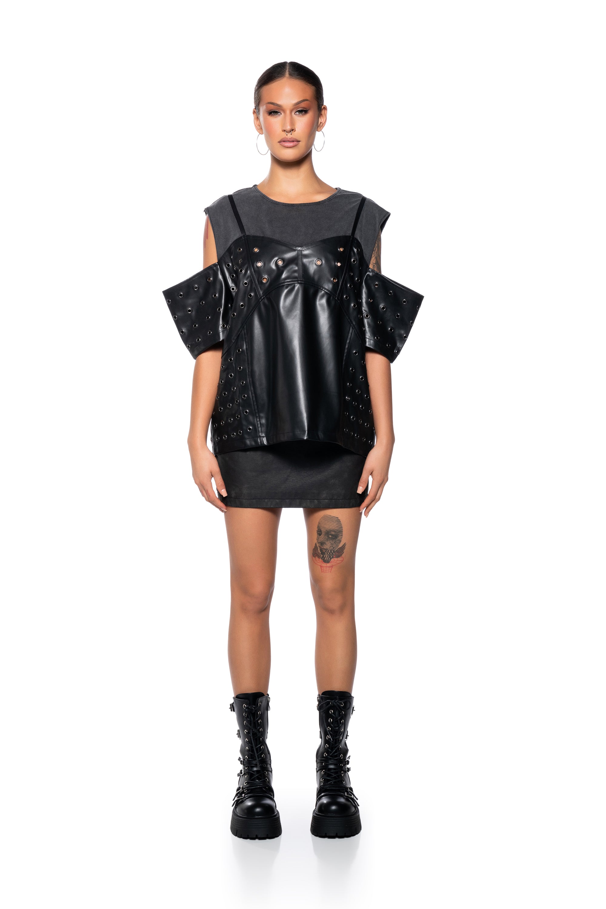 NOAH FAUX LEATHER COLD SHOULDER OVERSIZED T SHIRT