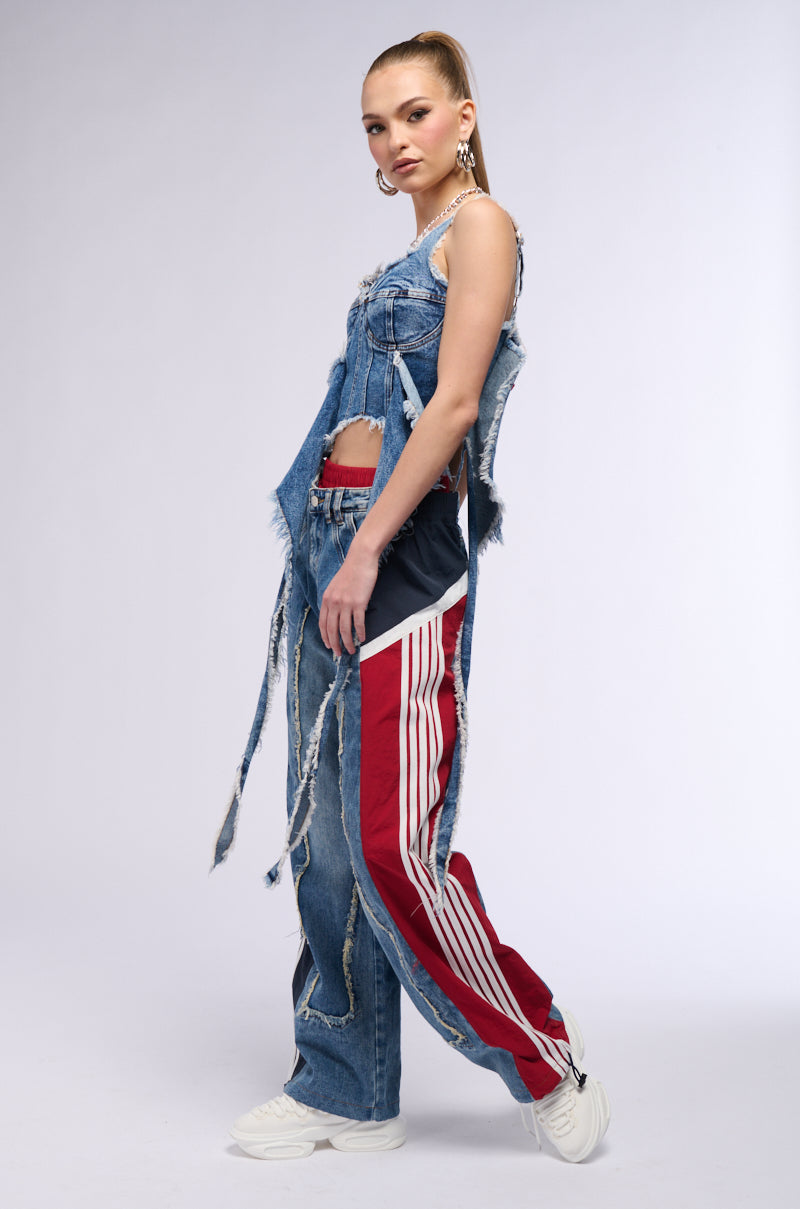 ALL AROUND THE WORLD PATCHWORK DENIM JOGGER PANT IN RED MULTI