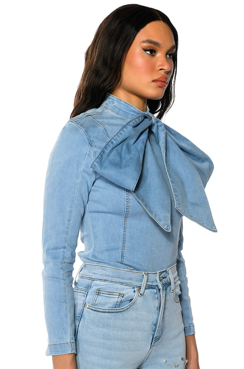 BOW DOWN BISH DENIM LONG SLEEVE TOP