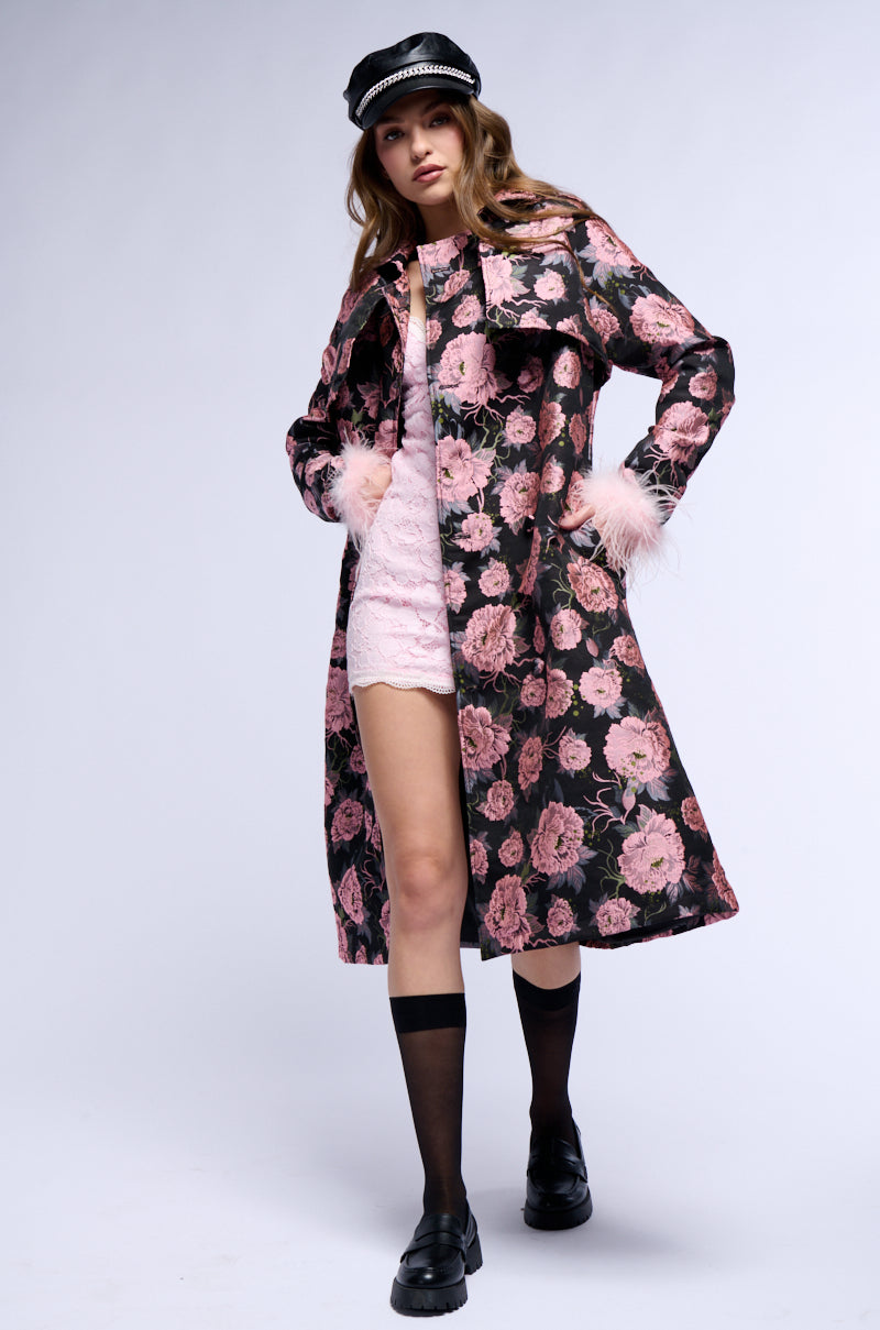 MOMMA IS ALWAYS RIGHT FLORAL TRENCH WITH FEATHERS