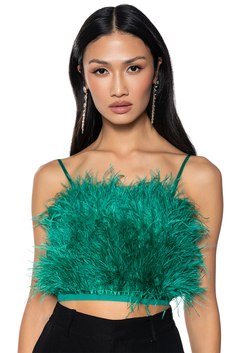 REAL OSTRICH FEATHER CROP TOP IN EMERALD