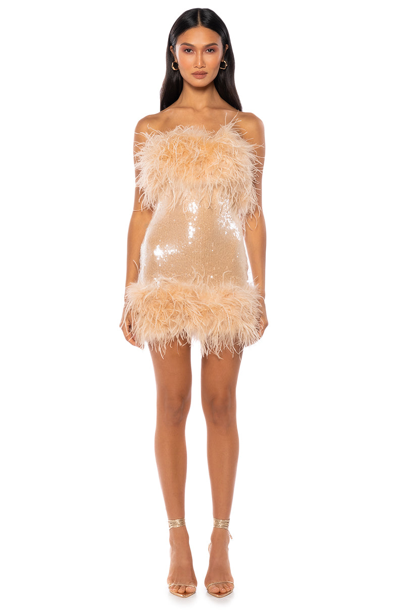 BON ANNIVERSAIRE FEATHER TRIM SEQUIN MINI DRESS