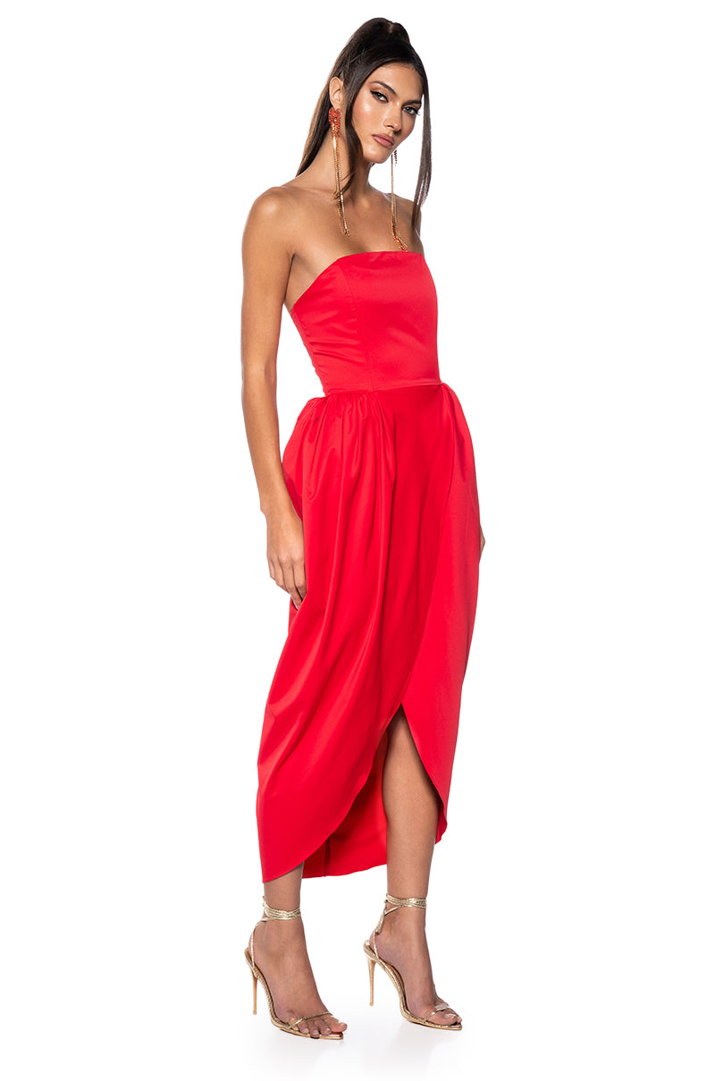 TULIP SKIRT SPAGHETTI STRAP MIDI DRESS IN RED