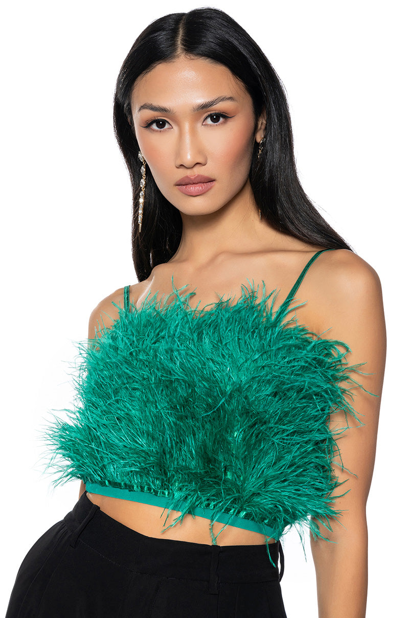 REAL OSTRICH FEATHER CROP TOP IN EMERALD