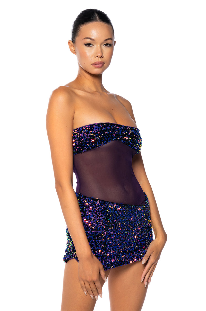 ENJOY THE VIEW MESH PANEL DRESS IN DARK PURPLE