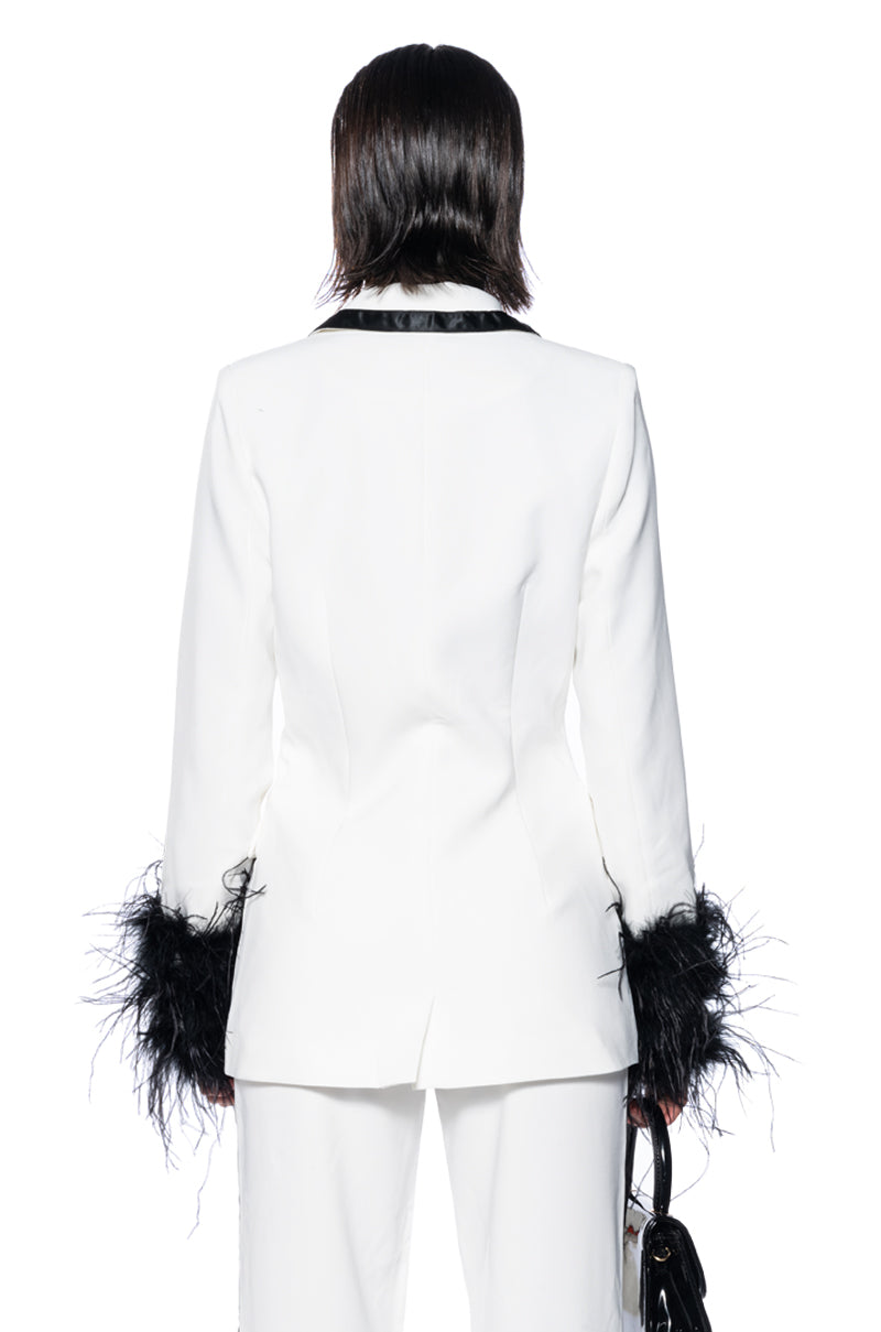 LANTIS WHITE BLAZER WITH FEATHER TRIM