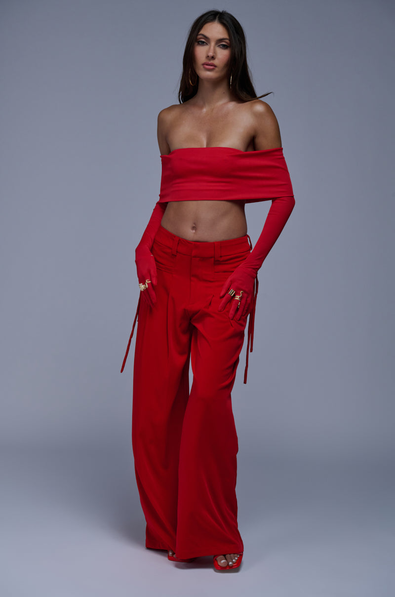 JUST LIKE MAGIC SLINKY OFF THE SHOULDER GLOVED TOP IN RED