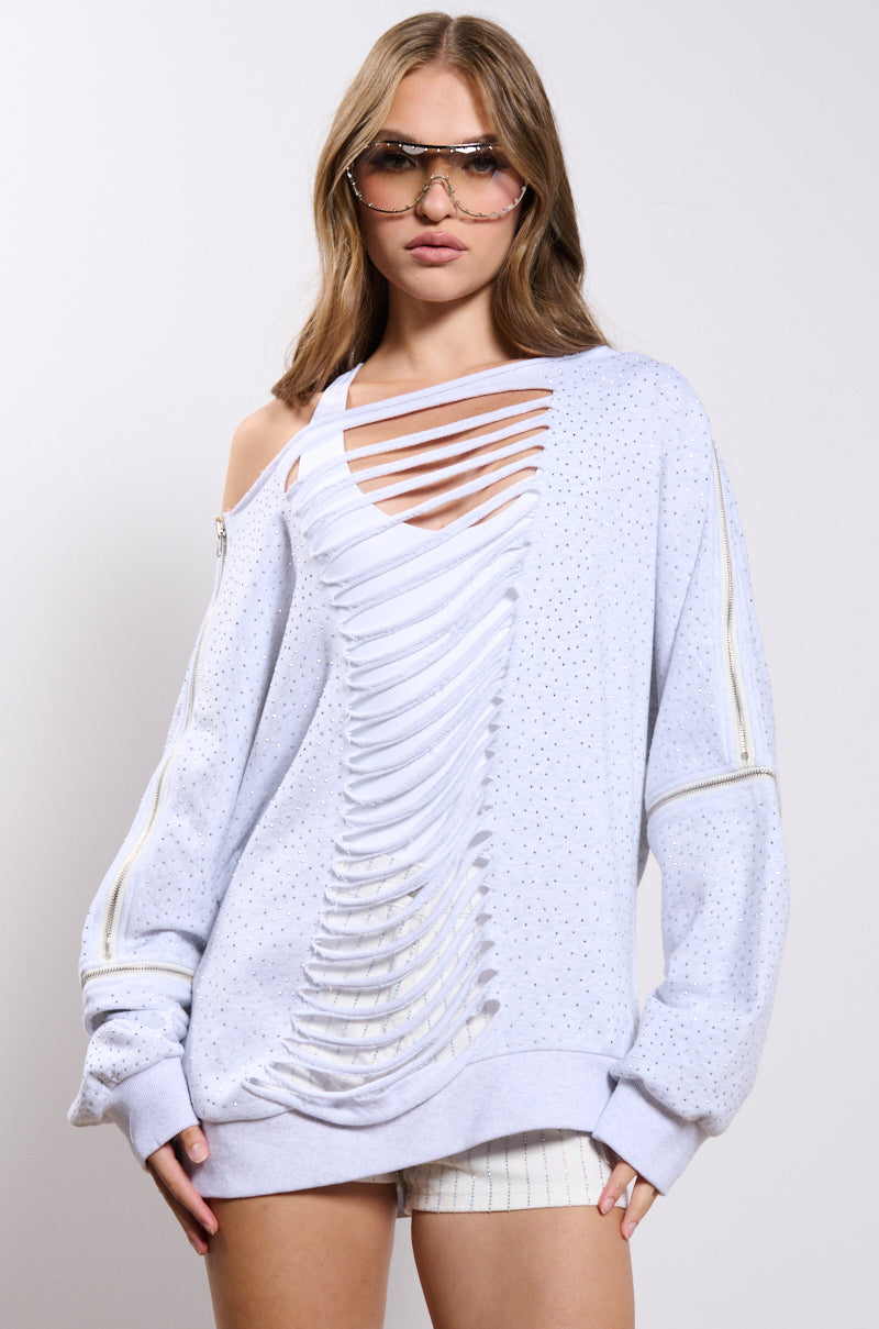 DISTRESSED OFF THE SHOULDER RHINESTONE EMBELLISHED SWEATSHIRT