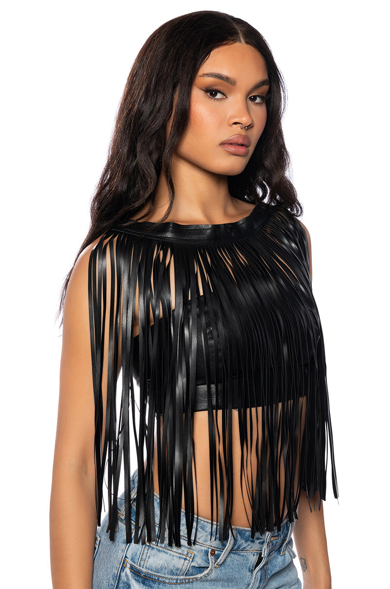 FREE MY MIND FAUX LEATHER FRINGE TOP