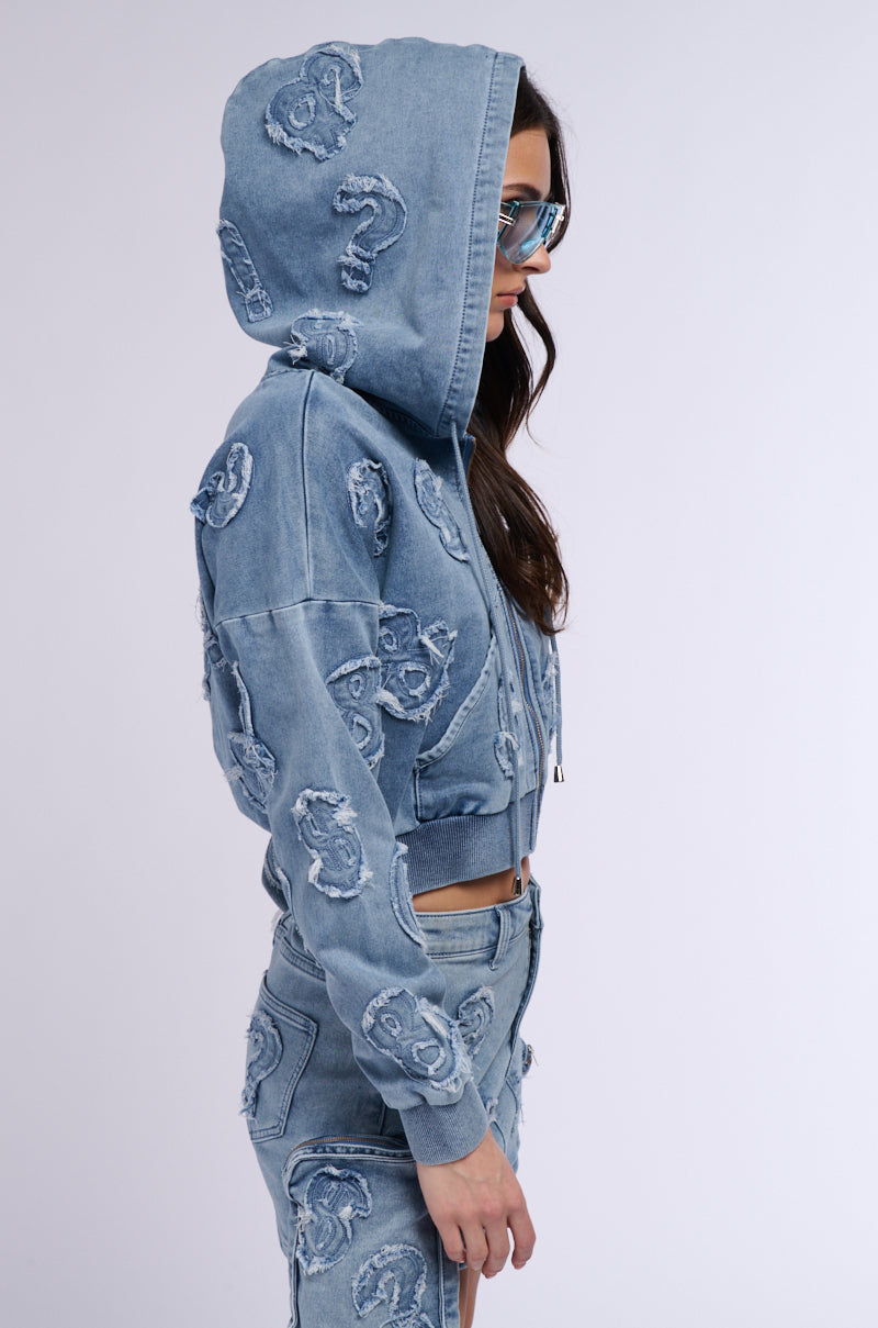 MONEY SIGNS DENIM FRONT ZIP SWEATSHIRT