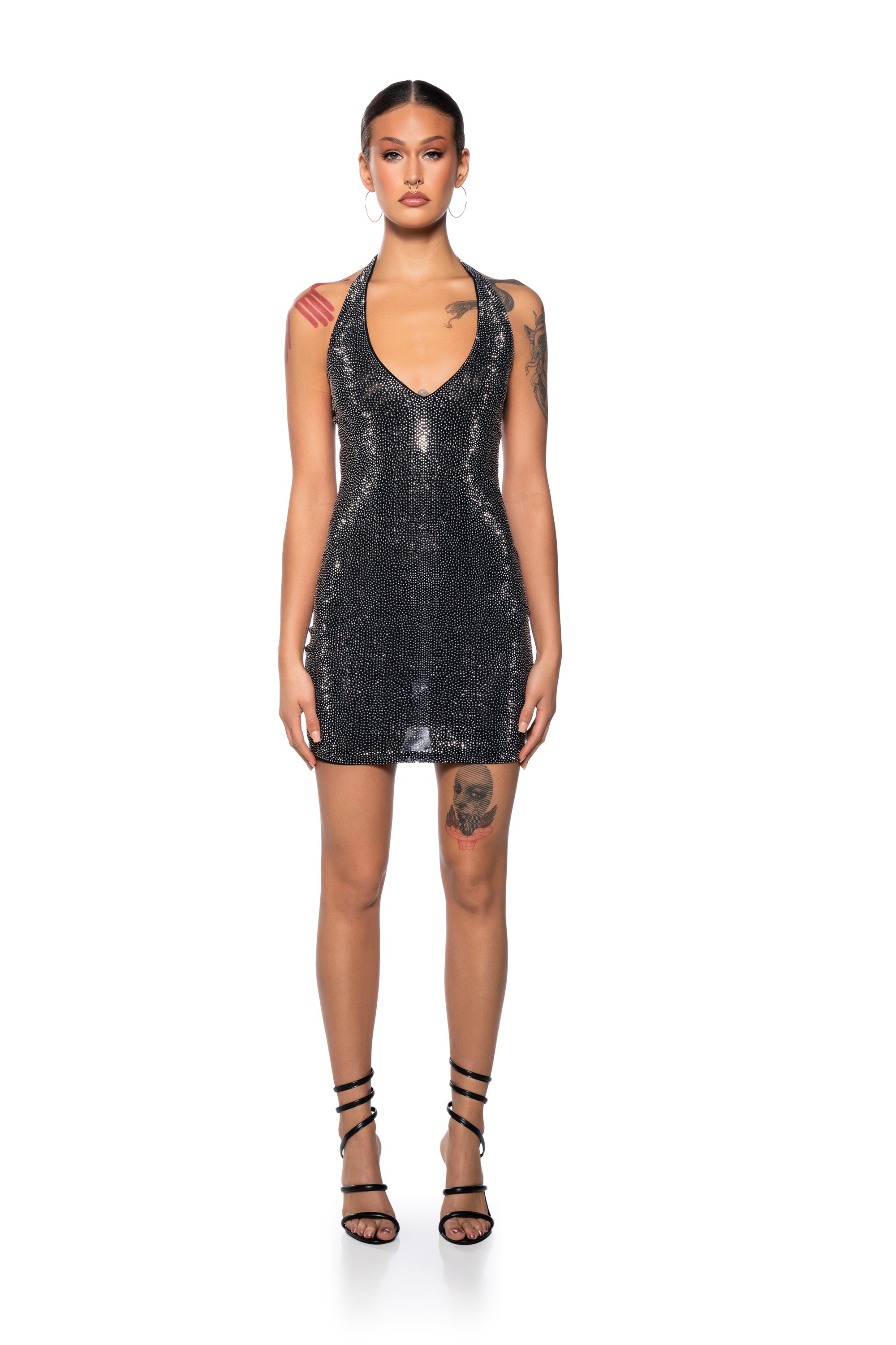 SHES GLOWING RHINESTONE MINI DRESS IN BLACK