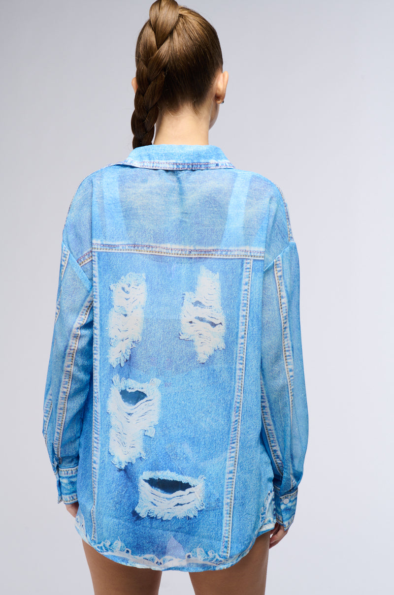 PRINTED DENIM LONG SLEEVE BUTTON DOWN SHIRT