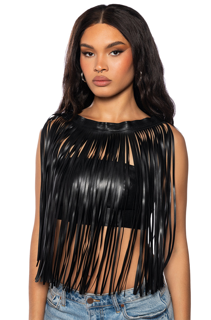 FREE MY MIND FAUX LEATHER FRINGE TOP