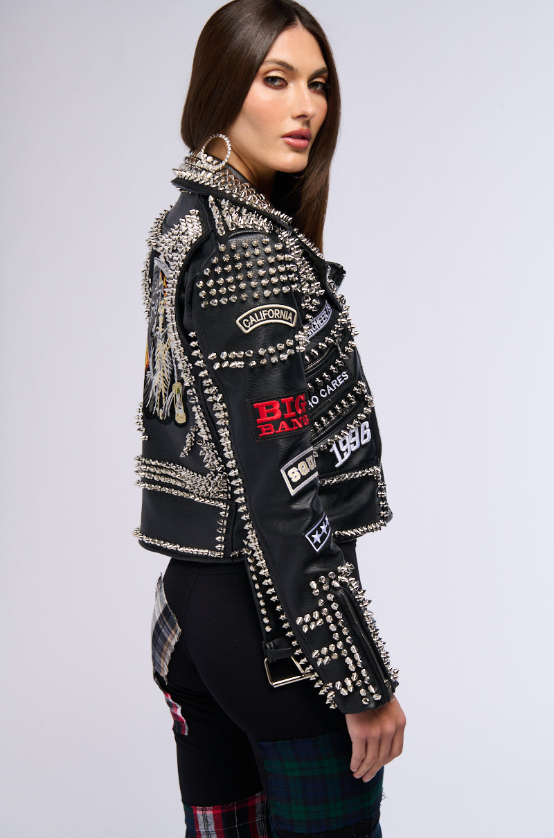 PUNK ROCK STUDDED PATCHWORK MOTO JACKET