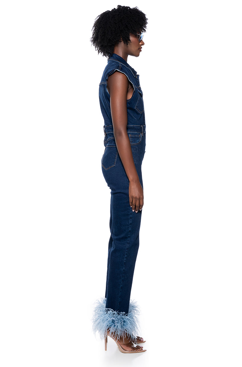 SANDY SLEEVELESS DENIM FEATHER TRIM JUMPSUIT