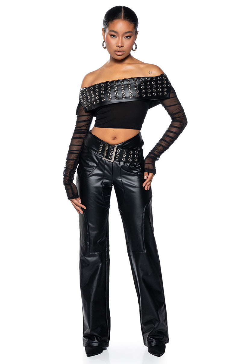 INVEST IN ME FAUX LEATHER FLARE LEG BELTED PANT