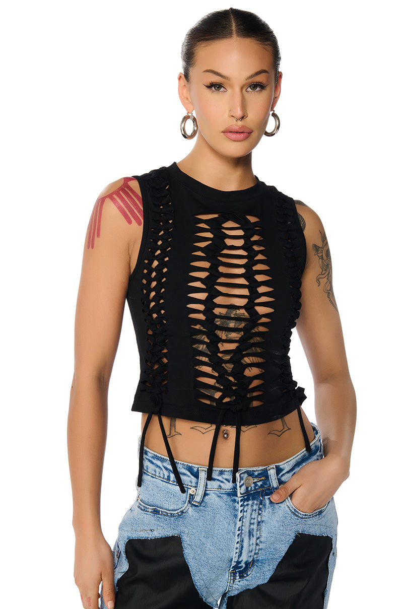 BRITTINI DISTRESSED KNOTTED TANK TOP