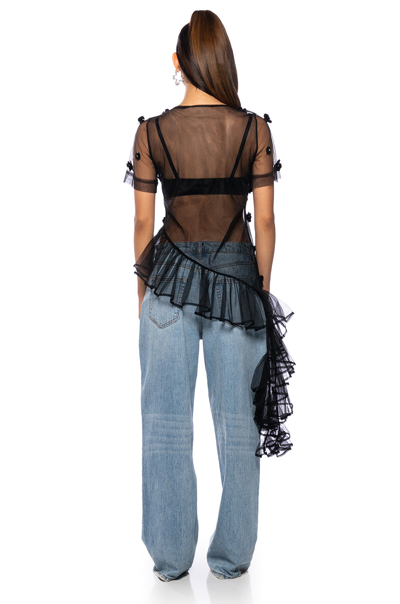 TOO GLAM EMBELLISHED ASYMMETRICAL TULLE TOP