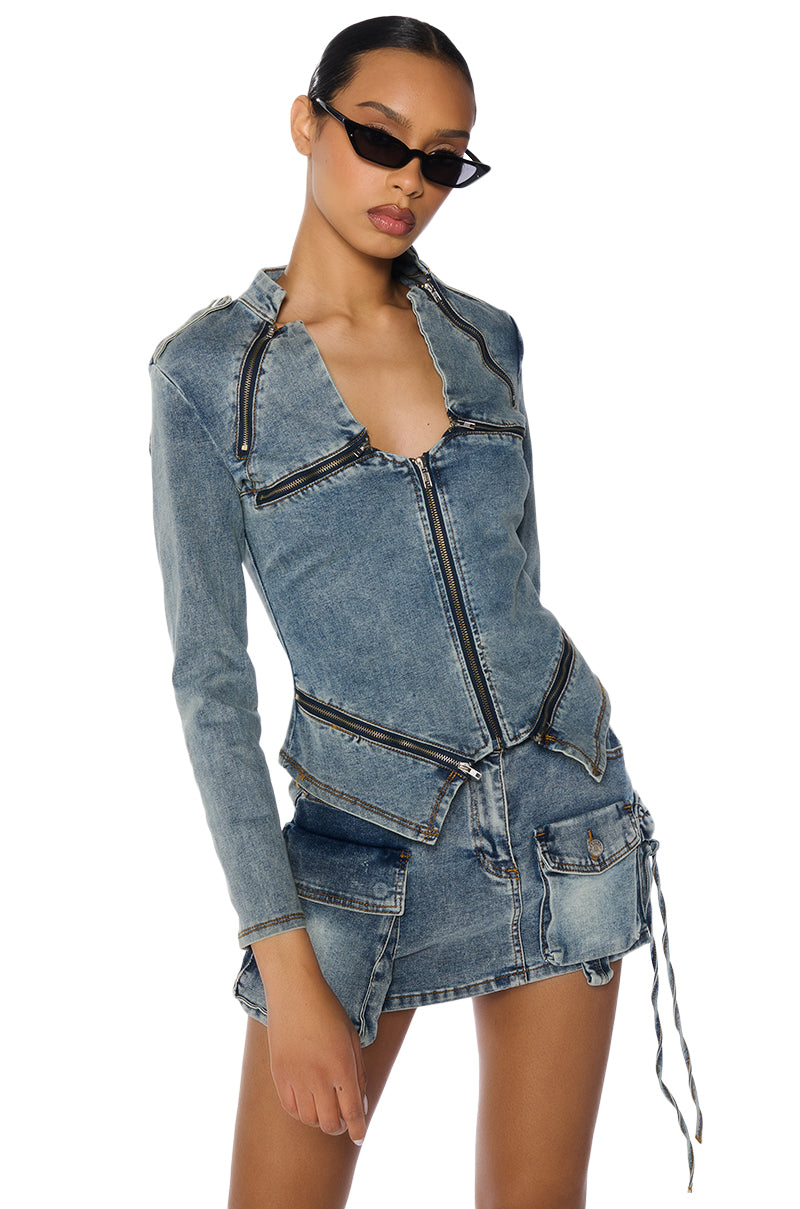 OLD SCHOOL LOVE CARGO ZIP UP DENIM TOP