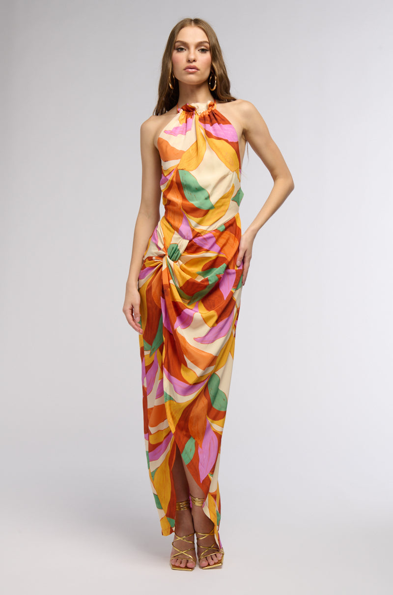 BOTANICAL BEAUTY PRINTED MIDI DRESS IN ORANGE MULTI