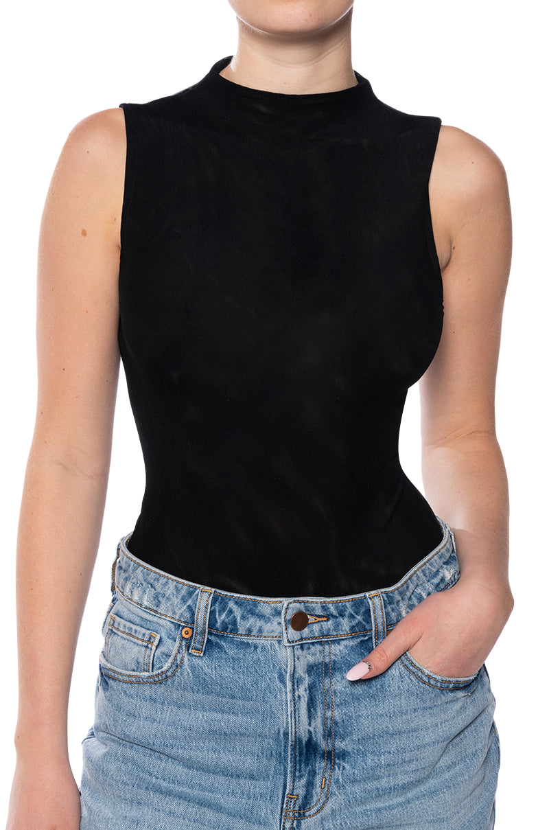 PAXTON SLEEVELESS MESH BODYSUIT IN BLACK