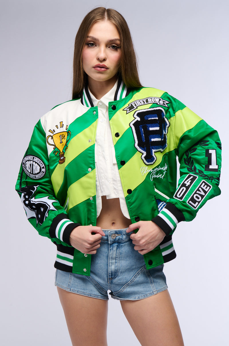 FIRST ROW SEAT COLOR BLOCK BOMBER JACKET IN GREEN