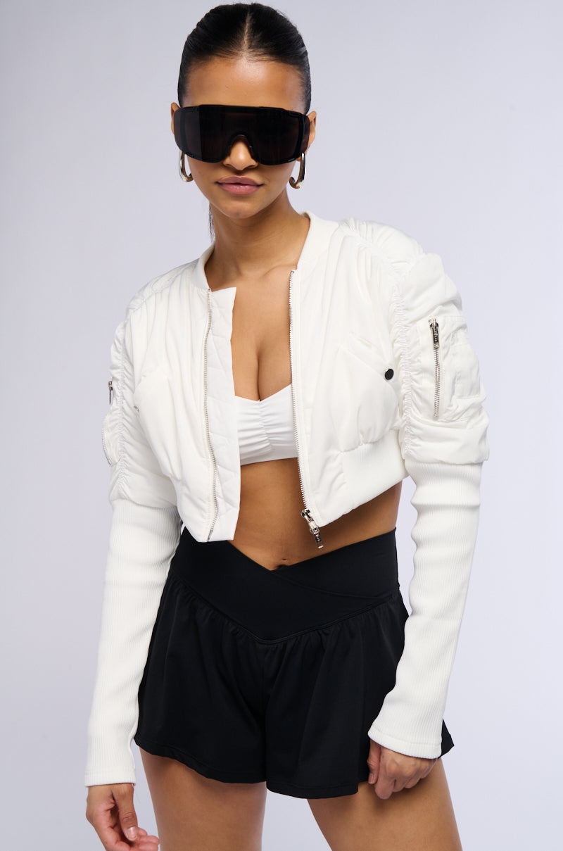 BABBS RIBBED SLEEVE BOMBER JACKET IN WHITE