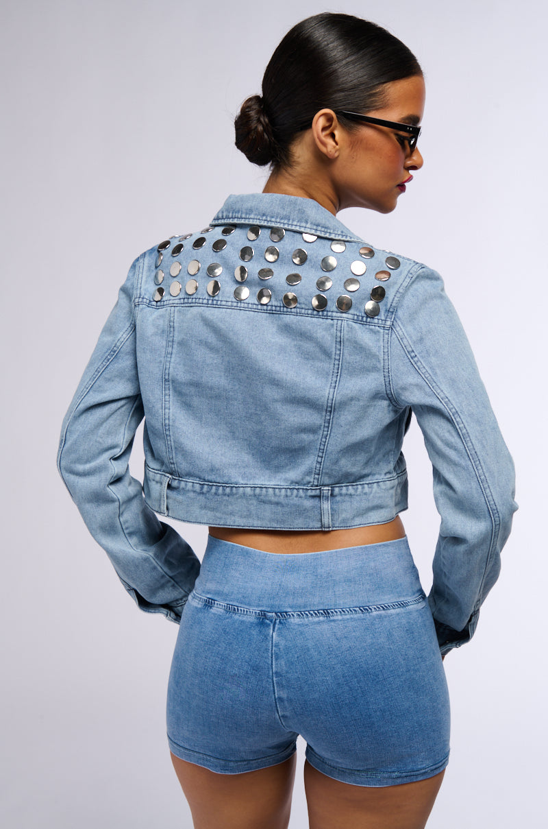 CROPPED DENIM JACKET WITH CIRCLE STUDS