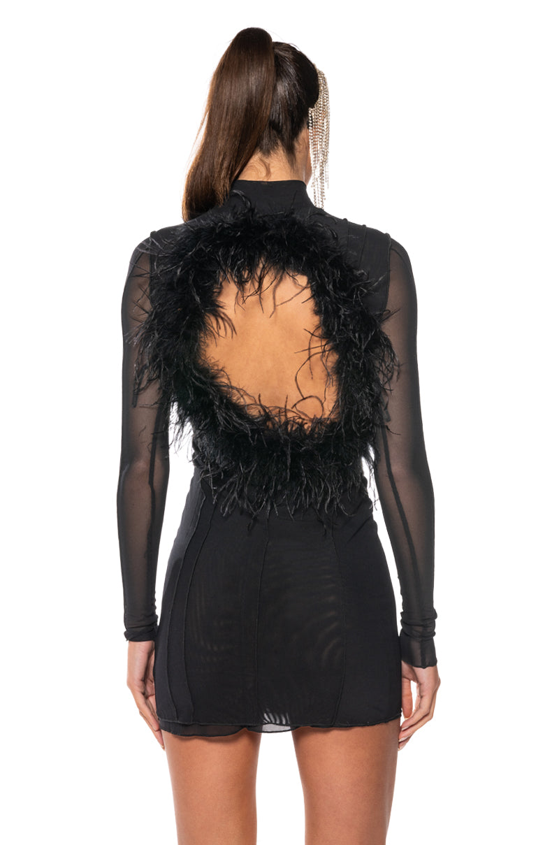 ROSALIE OPEN BACK FUR TRIM MESH MINI DRESS