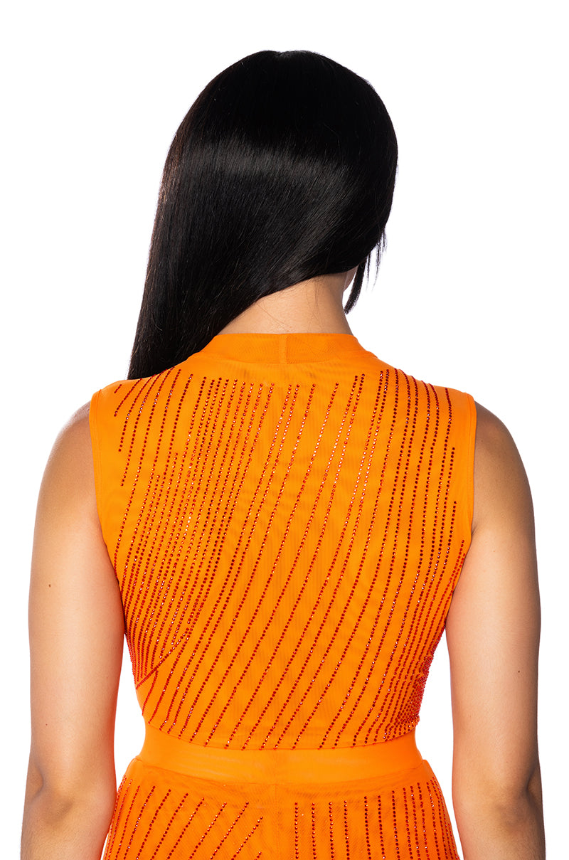 DIAMOND MESH SLEEVELESS BODYSUIT IN ORANGE