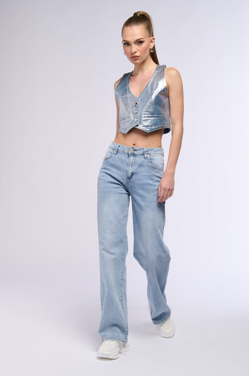 METALLIC DENIM CROP VEST