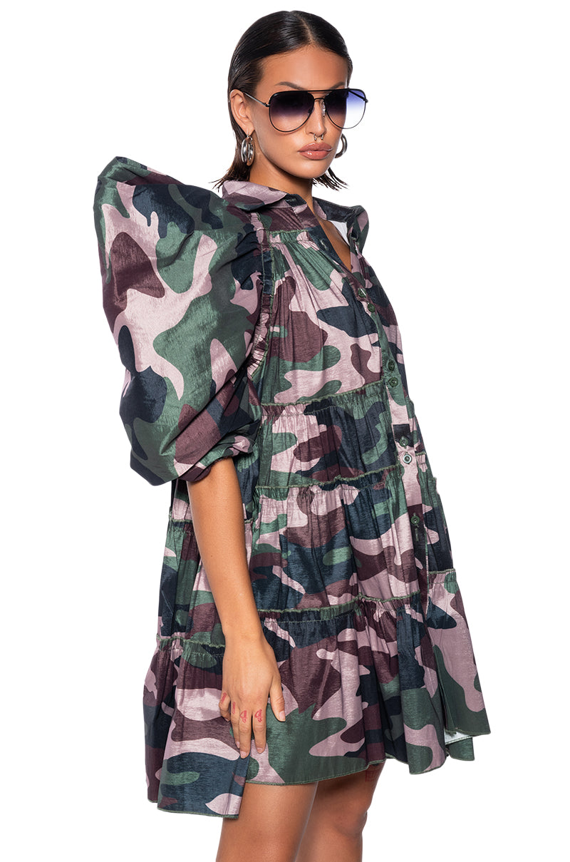 RUFFLE SLEEVE CAMO PRINT TRAPEZE MINI DRESS