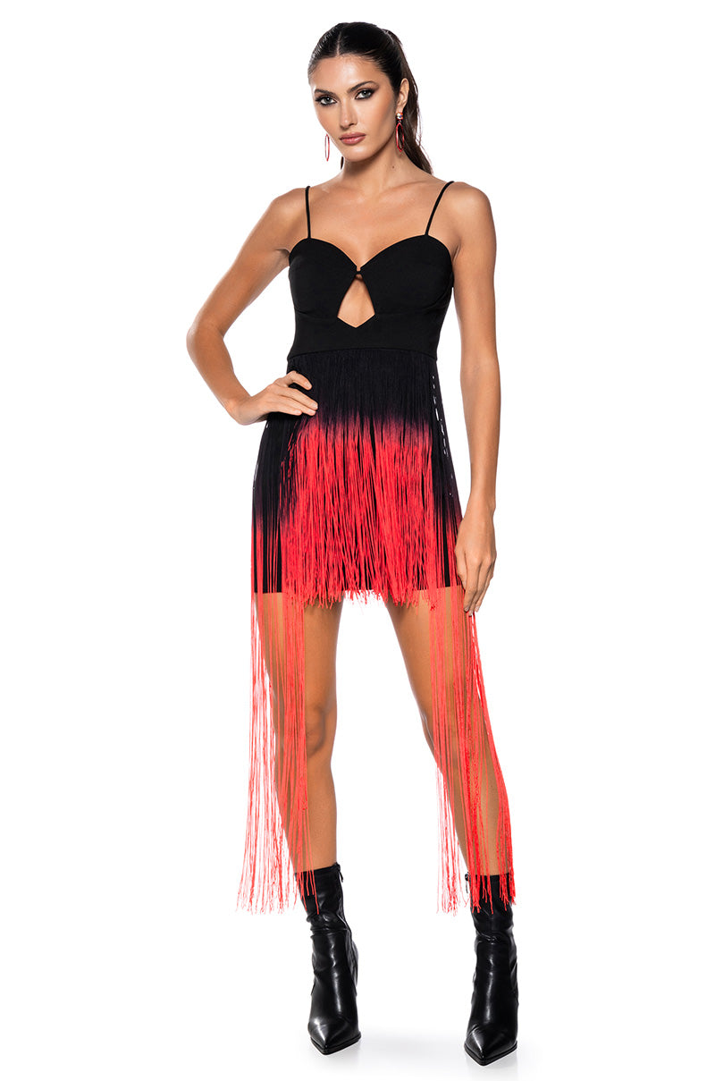 ISSA LOOK OMBRE FRINGE MINI DRESS