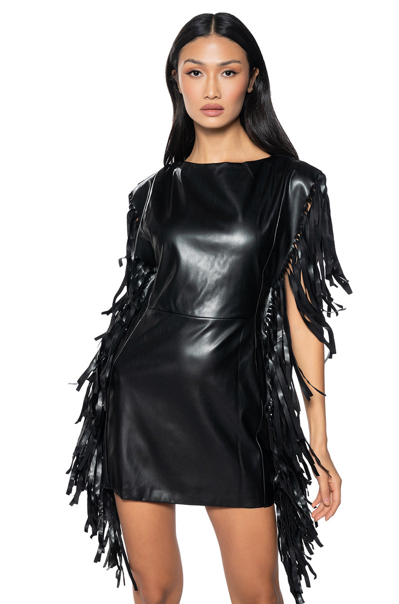 SAVE A HORSE PU FRINGE MINI DRESS