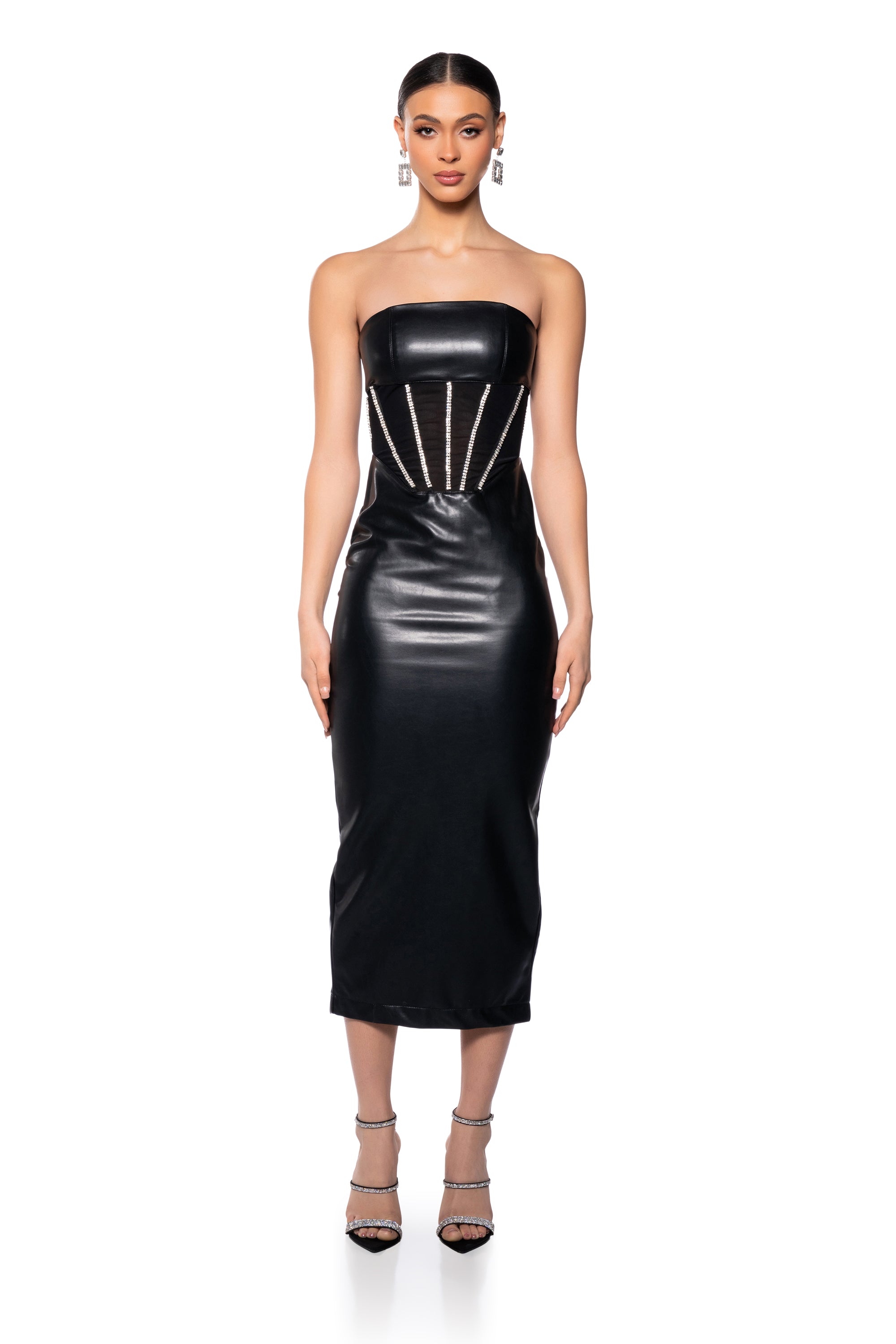 LUXURY VENTURES FAUX LEATHER STRAPLESS DRESS