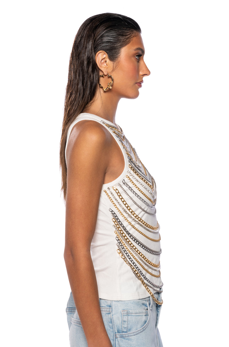 NIA CHAIN EMBELLISHED RIBBED TANK IN WHITE