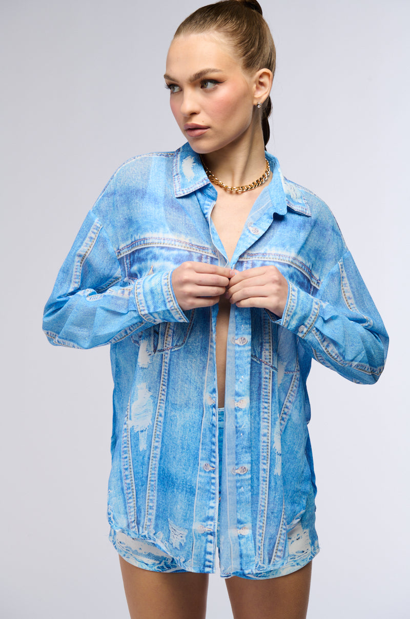 PRINTED DENIM LONG SLEEVE BUTTON DOWN SHIRT