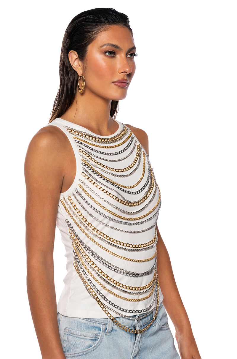 NIA CHAIN EMBELLISHED RIBBED TANK IN WHITE