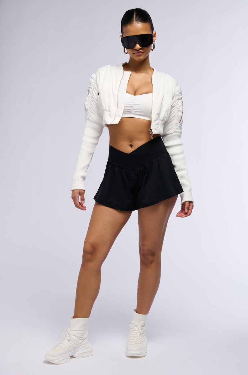 BABBS RIBBED SLEEVE BOMBER JACKET IN WHITE