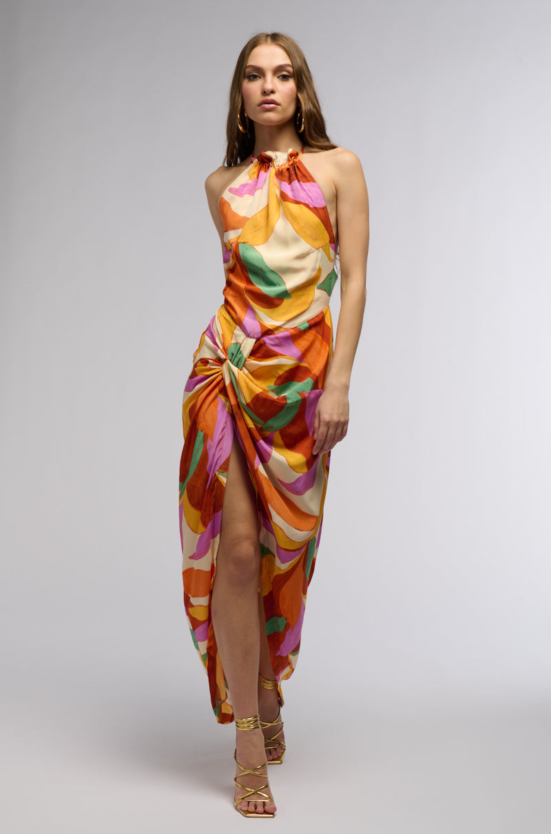 BOTANICAL BEAUTY PRINTED MIDI DRESS IN ORANGE MULTI