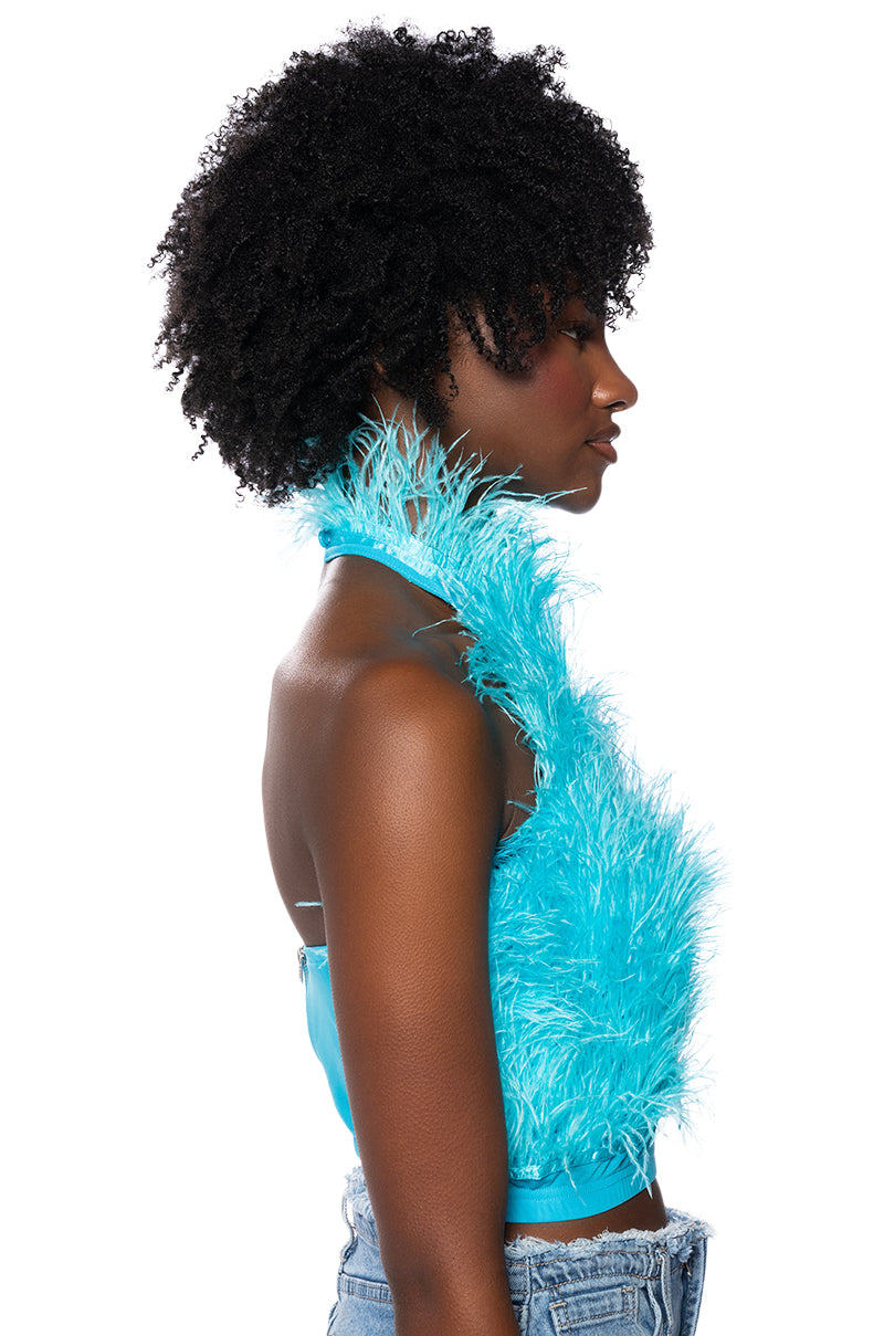 GENUINE OSTRICH FEATHER SLEEVELESS CROPPED HALTER BLOUSE IN BLUE