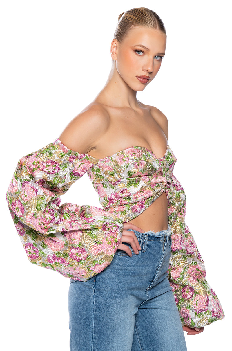 THE CROWN JEWEL CROPPED BROCADE SLEEVE BLOUSE