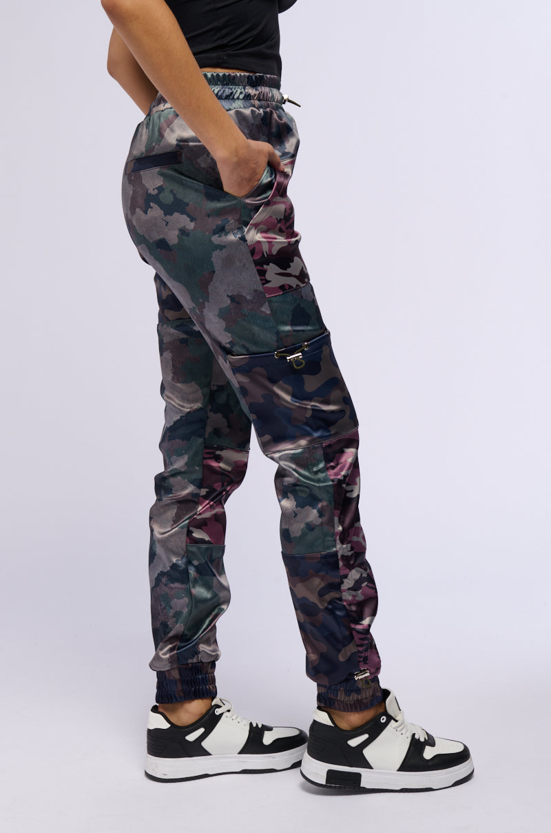 AT YOUR SERVICE SATIN CAMO PRINT JOGGER