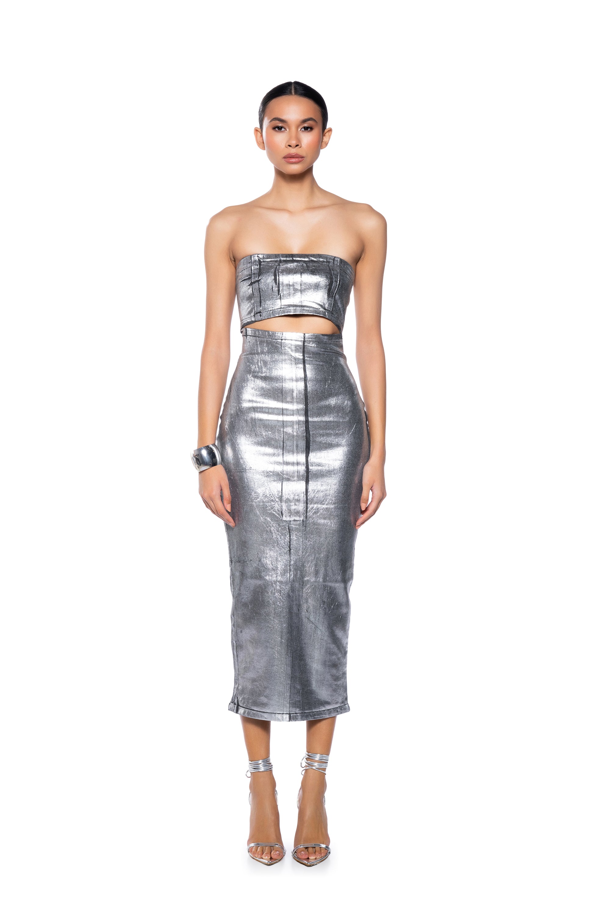 SHINE BRIGHT DENIM COATED MIDI DRESS